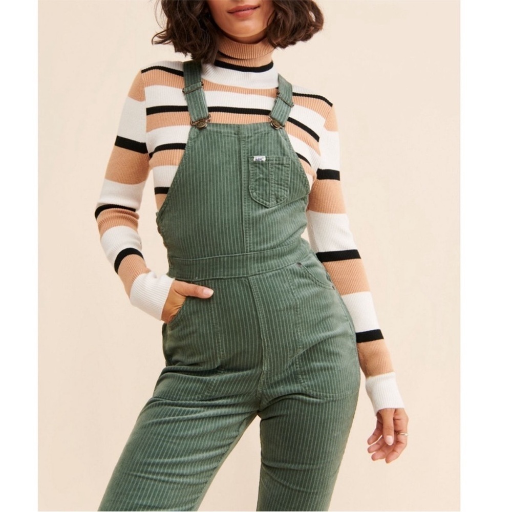 FREE PEOPLE x LEE Vintage Corduroy Flare Overalls in Greyed Olive - Picture 3 of 14